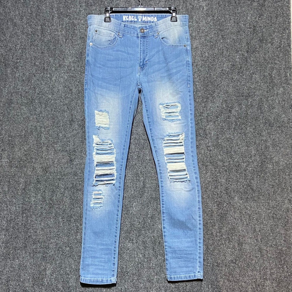 Rebel Minds Mens 30x32 Distressed Light Wash‎ Ripped Slim Fit Denim Jeans Grunge